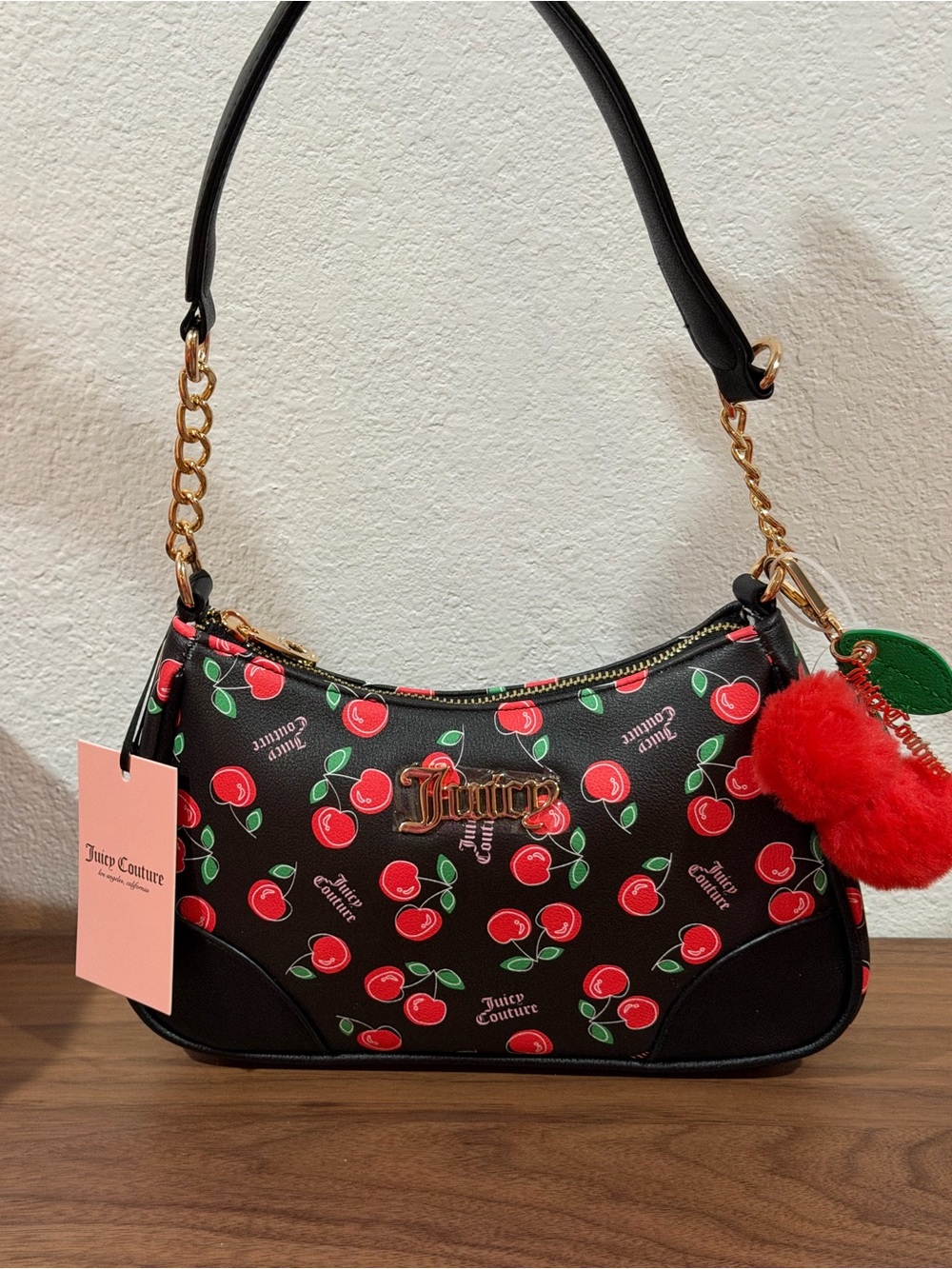 JUICY COUTURE Cherry Print  Black Shoulder Bag with Cherry Bag Charm NWT